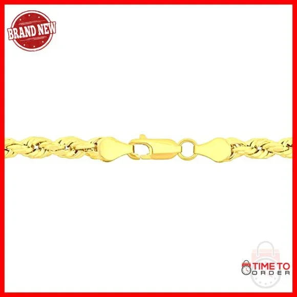 10K Gold Rope Chain Bracelet, 9 Inch, 5MM Width, Lightweight, Lobster Claw Clasp